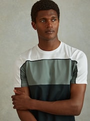 Reiss Dark Green/White Woods Mercerised Cotton Colourblock Crew Neck T-Shirt - Image 1 of 5