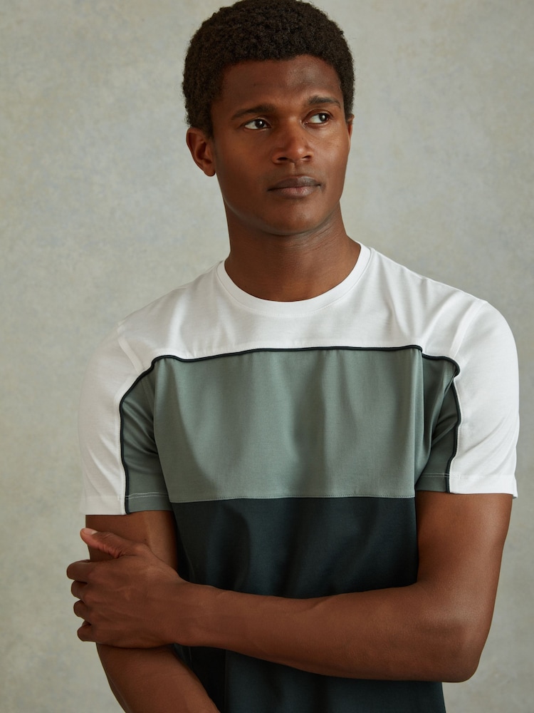Reiss Dark Green/White Woods Mercerised Cotton Colourblock Crew Neck T-Shirt - Image 1 of 5