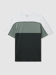 Reiss Dark Green/White Woods Mercerised Cotton Colourblock Crew Neck T-Shirt - Image 2 of 5