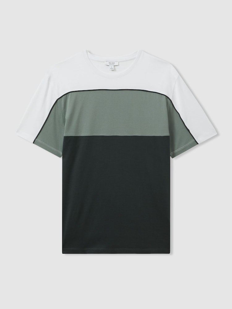 Reiss Dark Green/White Woods Mercerised Cotton Colourblock Crew Neck T-Shirt - Image 2 of 5