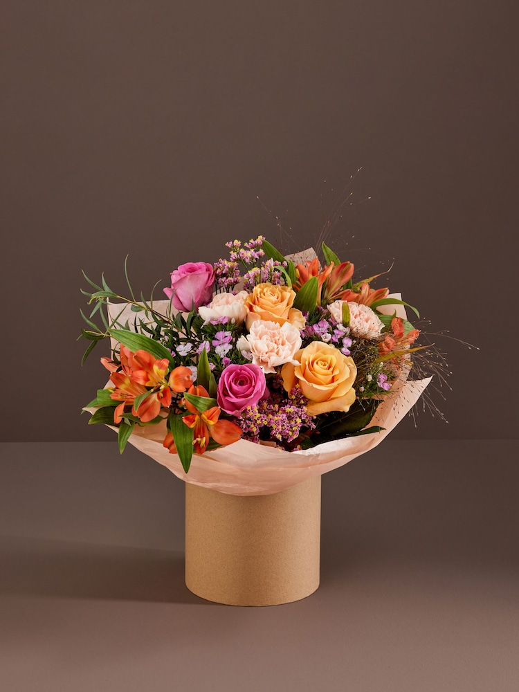 Peach Pink Rose and Dianthus Fresh Flower Bouquet in Hatbox - Image 1 of 4