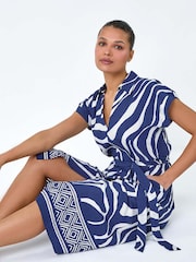 Roman Blue Border Print Pocket Midi Dress - Image 1 of 5
