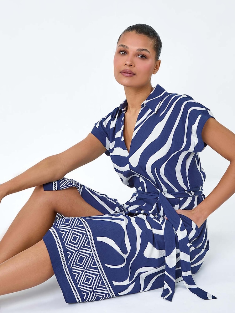 Roman Blue Border Print Pocket Midi Dress - Image 1 of 5