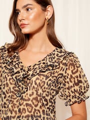 Friends Like These Leopard Brown Ruffle Front Puff Sleeve Blouse - Image 2 of 4