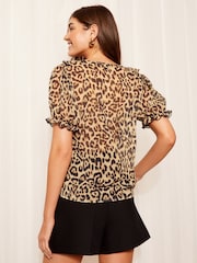 Friends Like These Leopard Brown Ruffle Front Puff Sleeve Blouse - Image 4 of 4