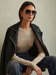 Reiss Stone Lily Ribbed Crew Neck Top - Image 1 of 5