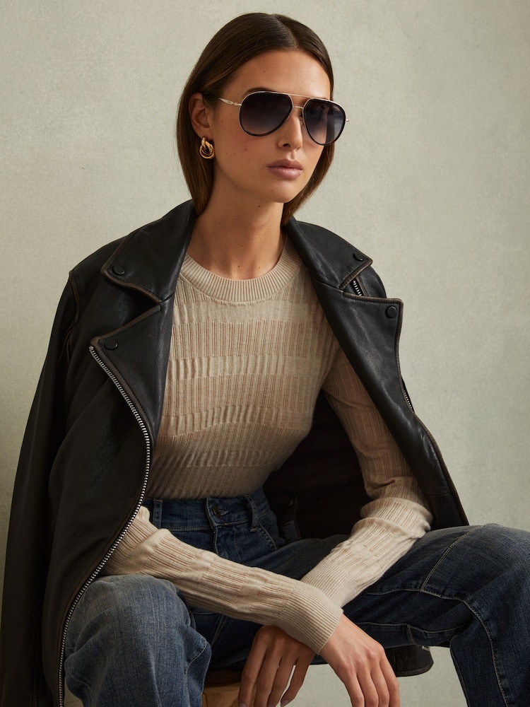 Reiss Stone Lily Ribbed Crew Neck Top - Image 1 of 5