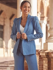 Sosandar Blue Ruched Sleeve Denim Blazer - Image 1 of 5
