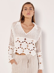 Apricot White Open Collar Floral Crochet Top - Image 2 of 4