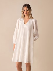 Ro&Zo Cream 100% Cotton Broderie V-Neck Swing Dress - Image 1 of 5