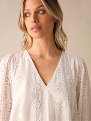 Ro&Zo Cream 100% Cotton Broderie V-Neck Swing Dress - Image 3 of 5