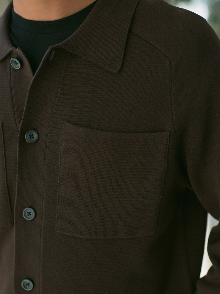 Brown Relaxed Fit 100% Cotton Knit Twin Pocket Shacket - Image 5 of 9