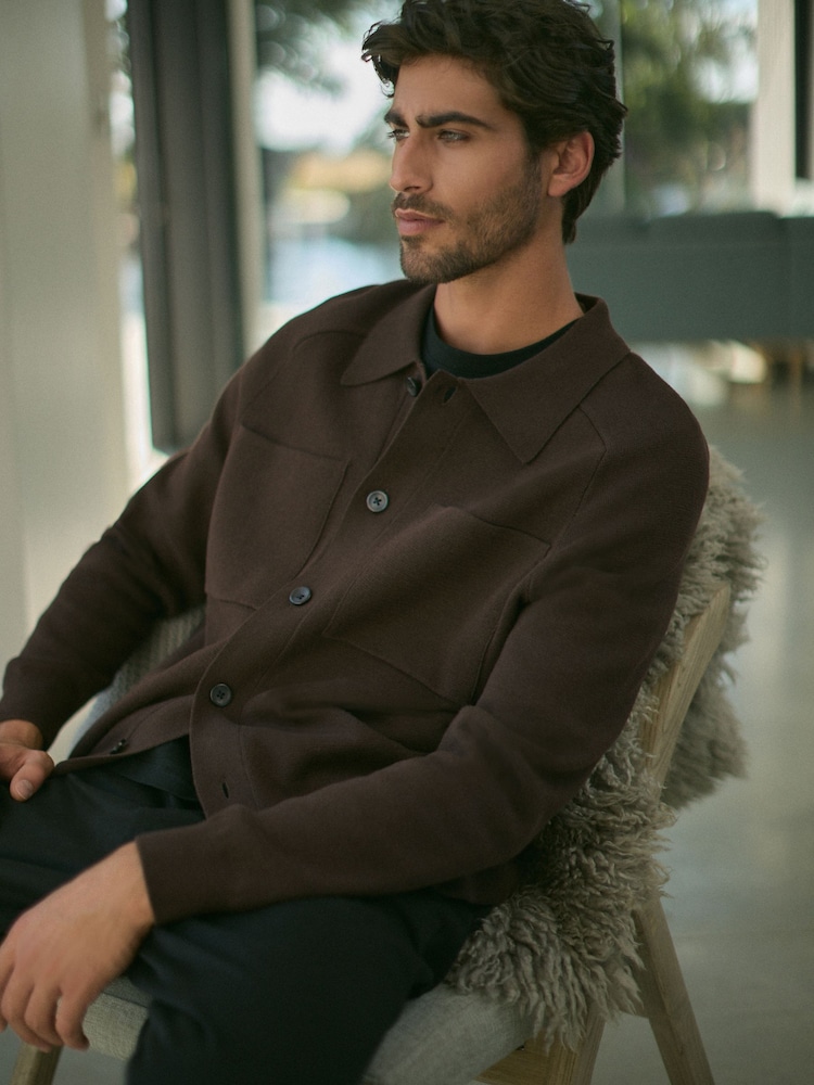 Brown Relaxed Fit 100% Cotton Knit Twin Pocket Shacket - Image 6 of 9