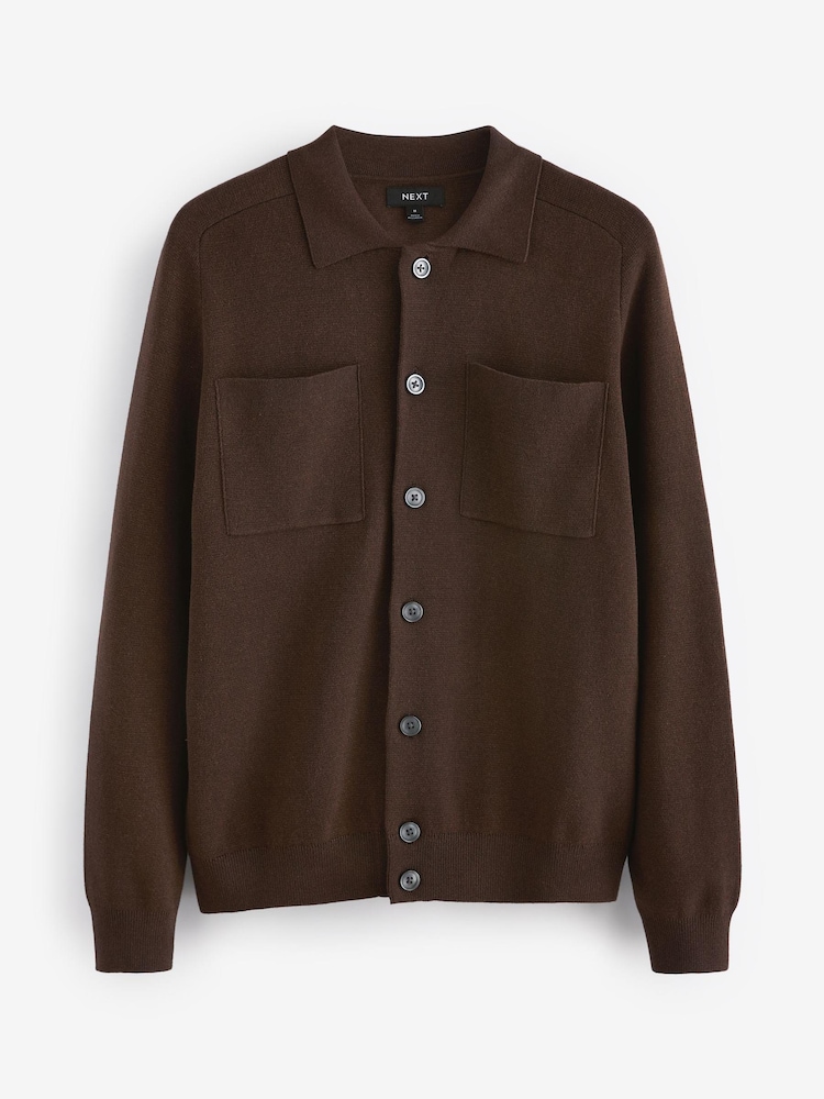 Brown Relaxed Fit 100% Cotton Knit Twin Pocket Shacket - Image 7 of 9