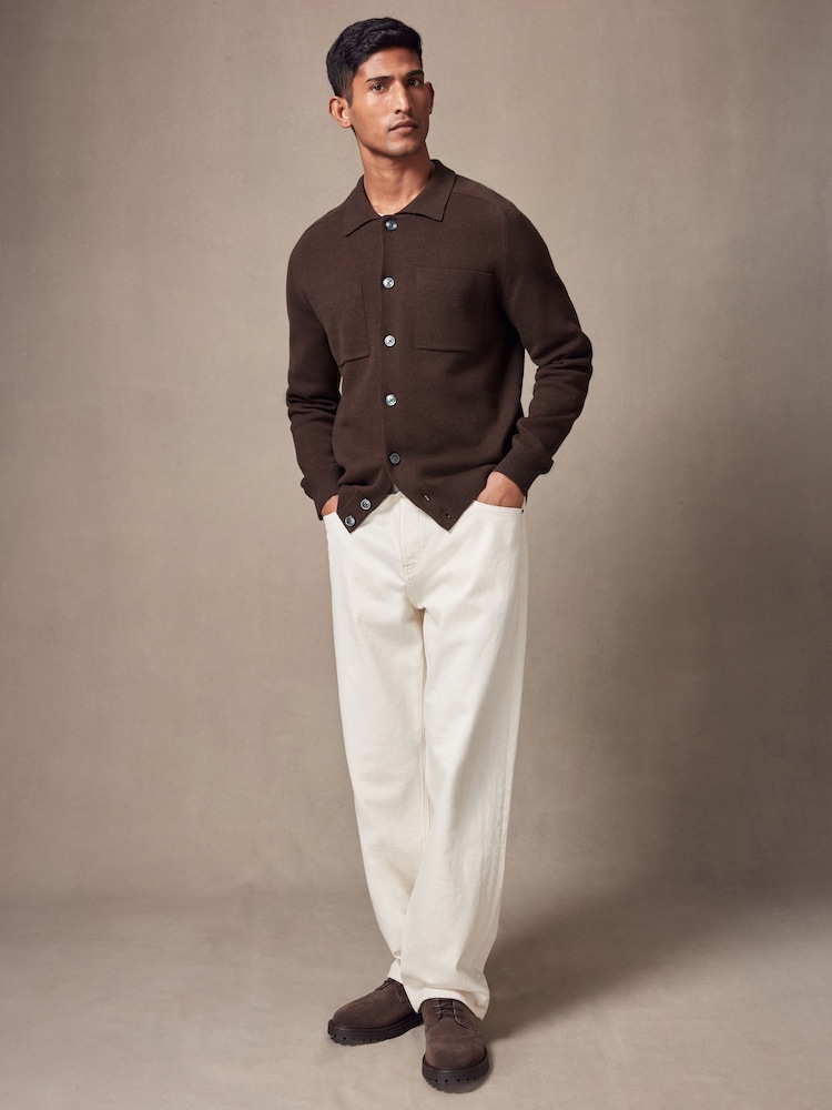 Brown Relaxed Fit 100% Cotton Knit Twin Pocket Shacket - Image 8 of 9