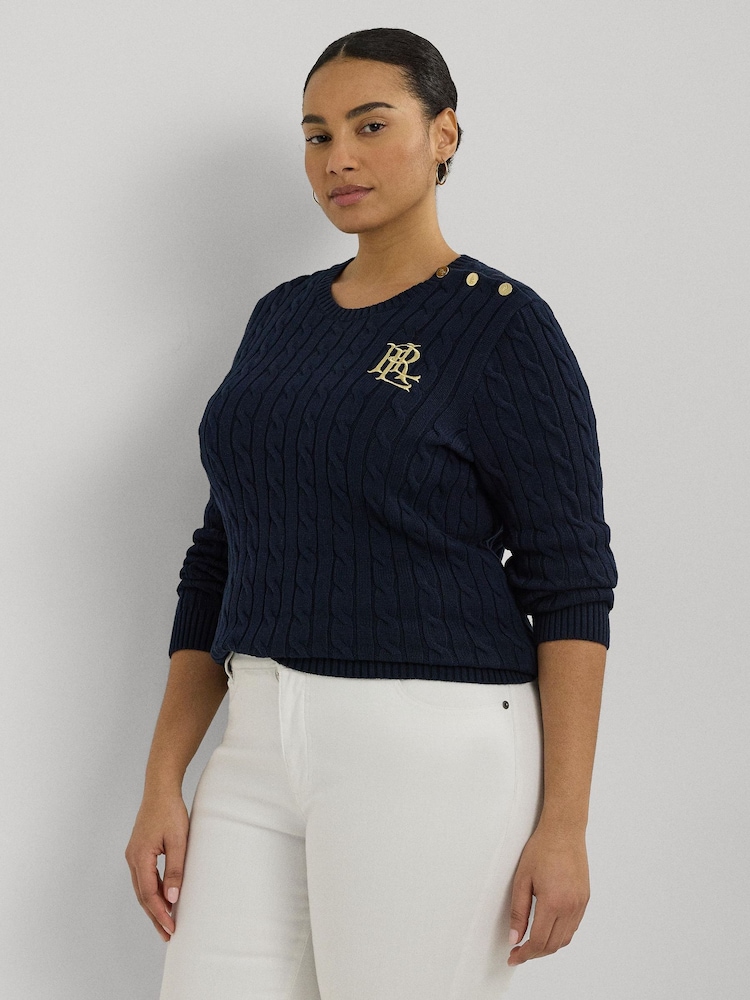 Lauren Ralph Lauren Curve Montiva Cable Knit Logo 100% Cotton Jumper - Image 1 of 9
