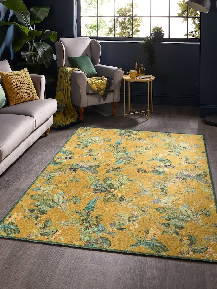 Laurence Llewelyn-Bowen Yellow Cotswold Fantasia Washable Flat Weave Rug - Image 1 of 6 Laurence Llewelyn-Bowen Yellow Cotswold Fantasia Washable Flat Weave Rug - Image 1 of 6