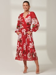 Jolie Moi Red Rayla Wrap Front Mesh Midi Dress - Image 1 of 6