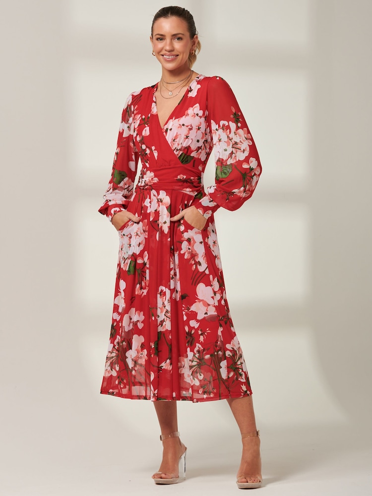 Jolie Moi Red Rayla Wrap Front Mesh Midi Dress - Image 1 of 6