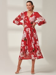 Jolie Moi Red Rayla Wrap Front Mesh Midi Dress - Image 4 of 6