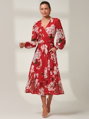 Jolie Moi Red Rayla Wrap Front Mesh Midi Dress - Image 5 of 6
