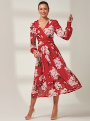 Jolie Moi Red Rayla Wrap Front Mesh Midi Dress - Image 6 of 6