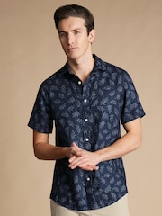 Charles Tyrwhitt Blue Marl Slim Fit Print Short Sleeve Pure 100% Linen Shirt - Image 1 of 5