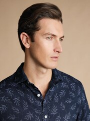 Charles Tyrwhitt Blue Marl Slim Fit Print Short Sleeve Pure 100% Linen Shirt - Image 2 of 5