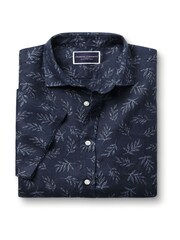 Charles Tyrwhitt Blue Marl Slim Fit Print Short Sleeve Pure 100% Linen Shirt - Image 3 of 5