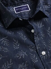Charles Tyrwhitt Blue Marl Slim Fit Print Short Sleeve Pure 100% Linen Shirt - Image 4 of 5