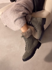 Grey Forever Comfort® Faux Fur Collared Lace-Up Boots - Image 1 of 7