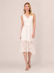Adrianna Papell Lace Midi Flounce White Dress - Image 1 of 7