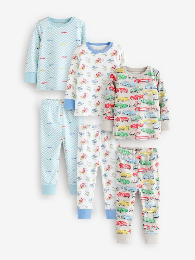Blue/White Cars Snuggle Pyjamas 3 Pack - Image 1 of 9 Blue/White Cars Snuggle Pyjamas 3 Pack - Image 1 of 9
