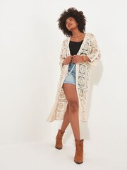 Joe Browns Cream Crochet Circular Pattern 3/4 Sleeve Longline Cardigan - Image 2 of 7