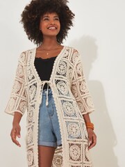 Joe Browns Cream Crochet Circular Pattern 3/4 Sleeve Longline Cardigan - Image 5 of 7