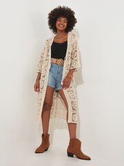 Joe Browns Cream Crochet Circular Pattern 3/4 Sleeve Longline Cardigan - Image 6 of 7