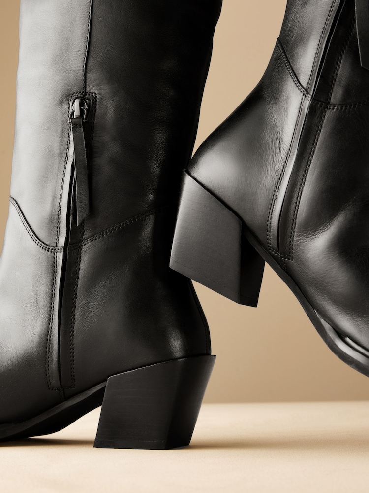 Black Leather Premium Cowboy Knee High Boots - Image 11 of 11
