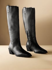 Black Leather Premium Cowboy Knee High Boots - Image 6 of 11