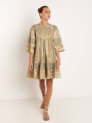 Greek Archaic Kori Gold 100% Cotton Embroidered Tiered Mini Dress - Image 1 of 3