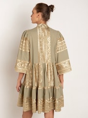 Greek Archaic Kori Gold 100% Cotton Embroidered Tiered Mini Dress - Image 2 of 3