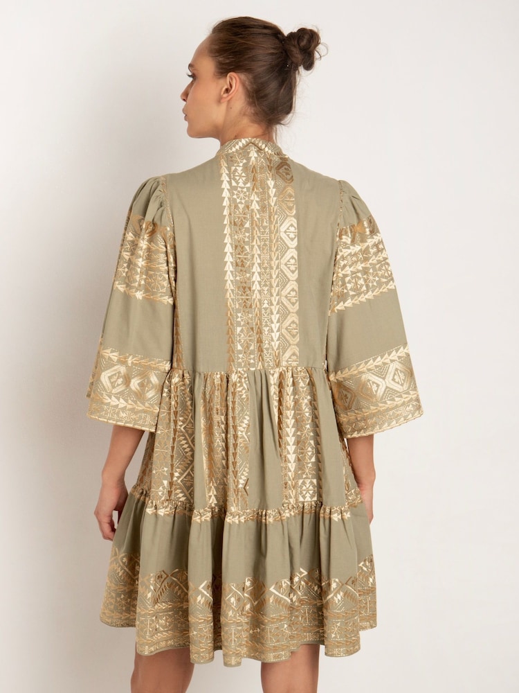 Greek Archaic Kori Gold 100% Cotton Embroidered Tiered Mini Dress - Image 2 of 3