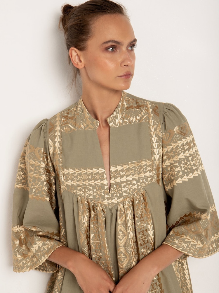 Greek Archaic Kori Gold 100% Cotton Embroidered Tiered Mini Dress - Image 3 of 3