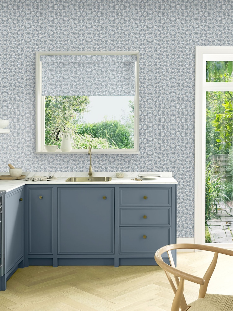 Graham & Brown Blue Hopwood Cottage Wallpaper Sample - Image 1 of 3