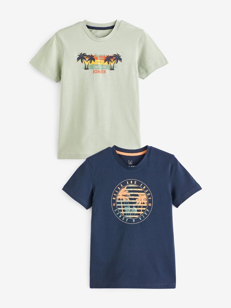 JACK & JONES JUNIOR modra kratek rokav; s kratkimi rokavi okrogel ovratnik; z okroglim ovratnikom Natisnjena majica 2 komplet - Slika 1 iz 3