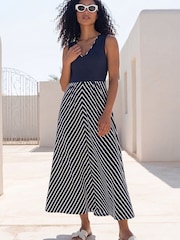Roman Blue Chevron Print Ribbed Midi Dress - Image 3 of 4