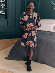 Navy Blue Matching Family Womens Christmas Hamish The Highland Cow 100% Cotton Nightie - Image 1 of 8