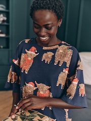 Navy Blue Matching Family Womens Christmas Hamish The Highland Cow 100% Cotton Nightie - Image 2 of 8