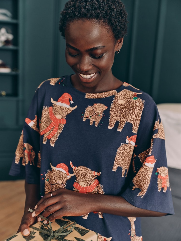 Navy Blue Matching Family Womens Christmas Hamish The Highland Cow 100% Cotton Nightie - Image 2 of 8