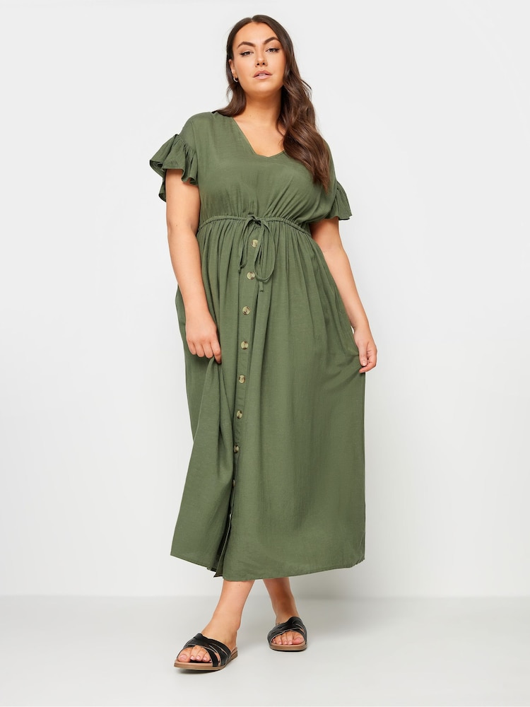 Yours Curve Khaki Green Linen Maxi Dress - Image 1 of 4