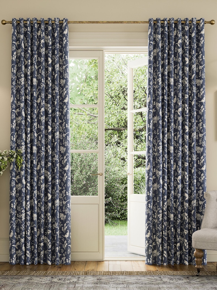 Joules Navy Festival Pheasants Blackout Eyelet Curtains - Image 1 of 2